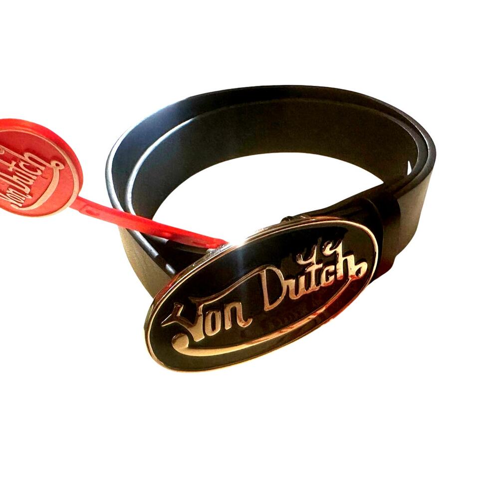 NWT Von Dutch Black Leather Belt Oval Logo Buckle Y2K Streetwear Size Small